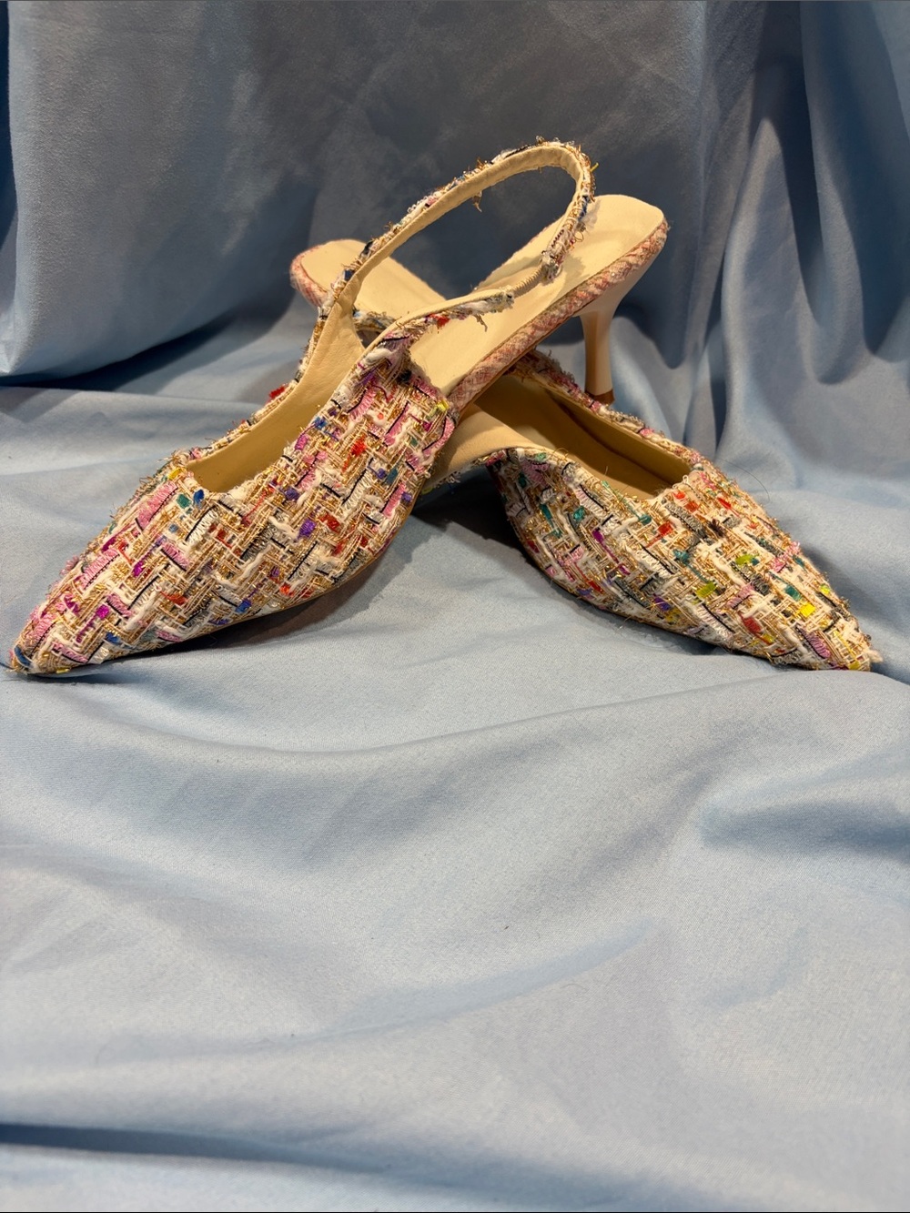 Multicolor Tweed Slingback Pointed-Toe Heels